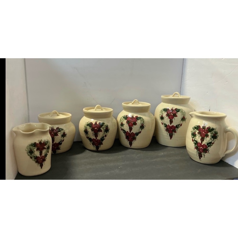 East Texas Pottery Canister Set Pitcher Crock Cream Red Rose Heart 6pc Excellent